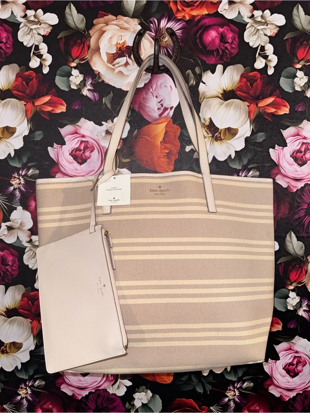 NWT kate spade Reversible Beige & Cream Striped Canvas/ Leather Tote w/ wristlet